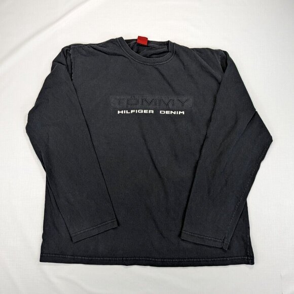 Tommy Hilfiger Denim Spellout logo Longsleeve Crew neck T-shirt Black Men's L - Picture 1 of 10